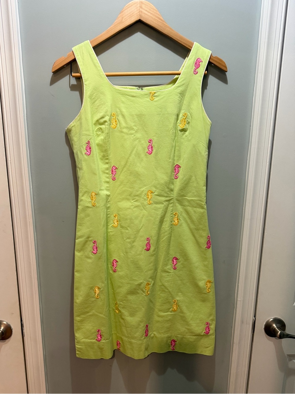 Lilly Pulitzer Vintage Lime Dress with Pink & Yellow Seahorse Embroidery Cotton